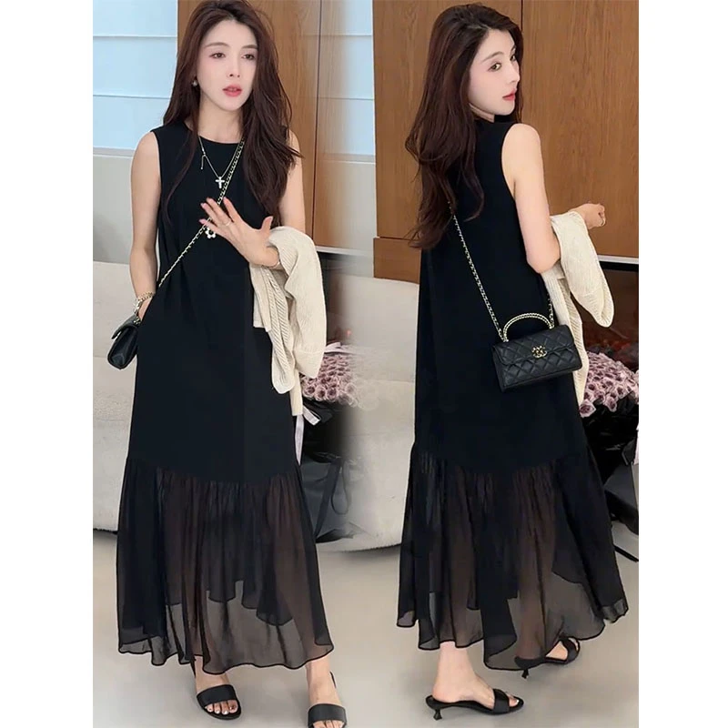 欧货高级感赫本风网纱拼接无袖连衣裙夏季2025新款时尚长裙潮