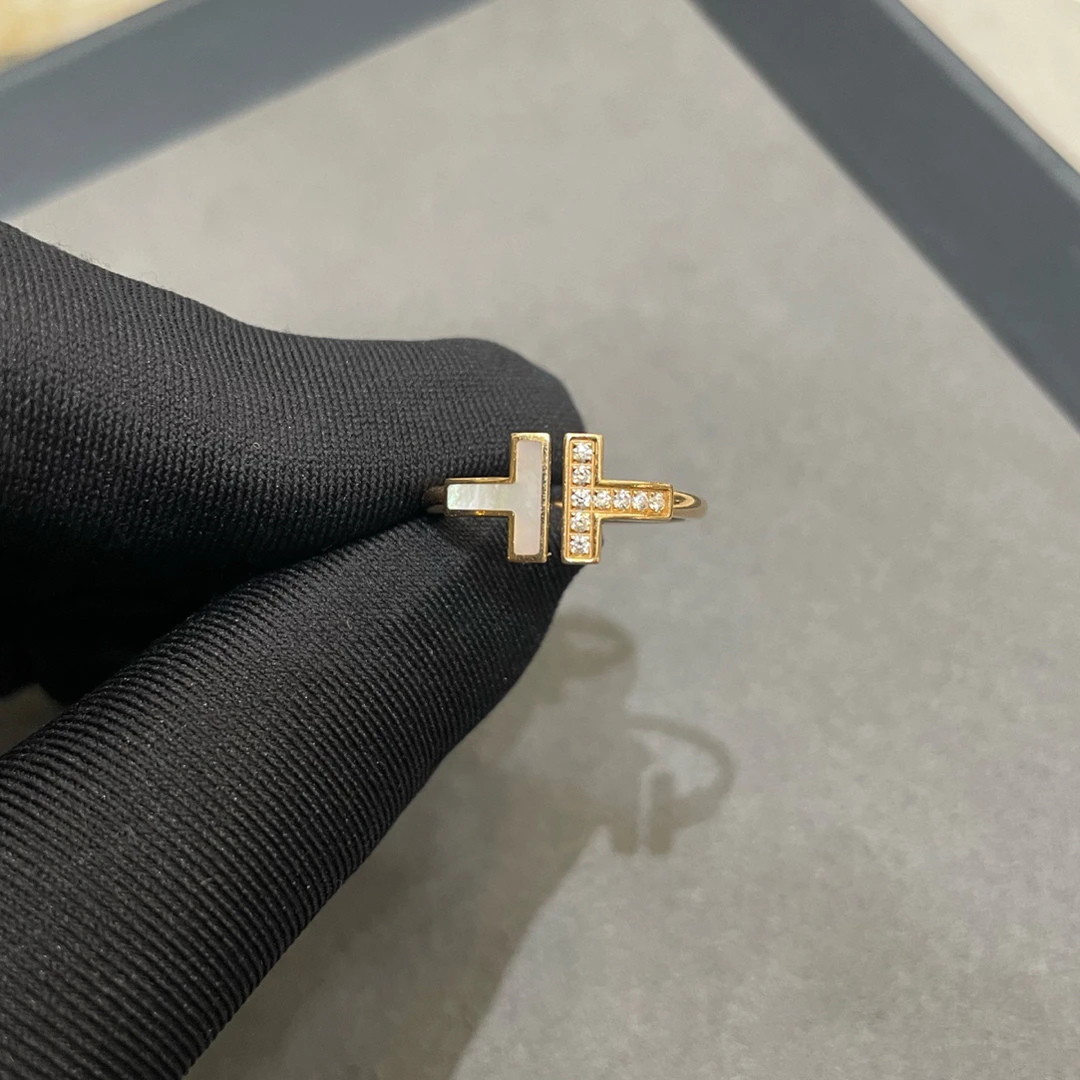 99新 Tiffany & Co./蒂芙尼 双T 贝母钻 戒指 玫瑰金 54码