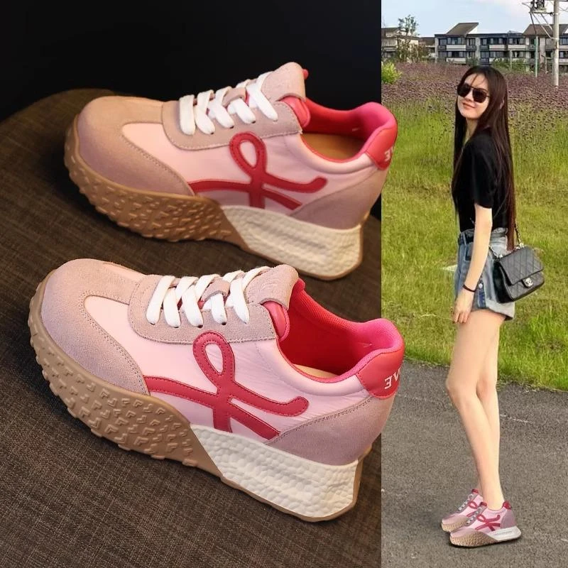 御阅德训鞋女2025秋季新款时尚爆款粉色休闲厚底老爹小个子阿甘鞋