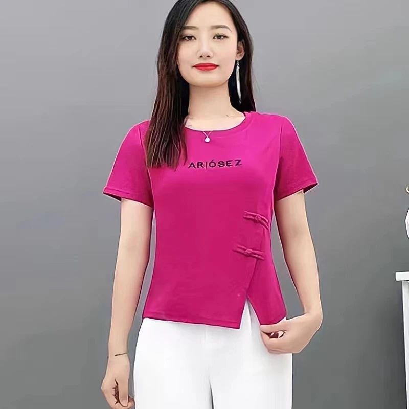 【95棉】纯棉夏季2025新款不规则盘扣开叉圆领短袖t恤女高级感修身
