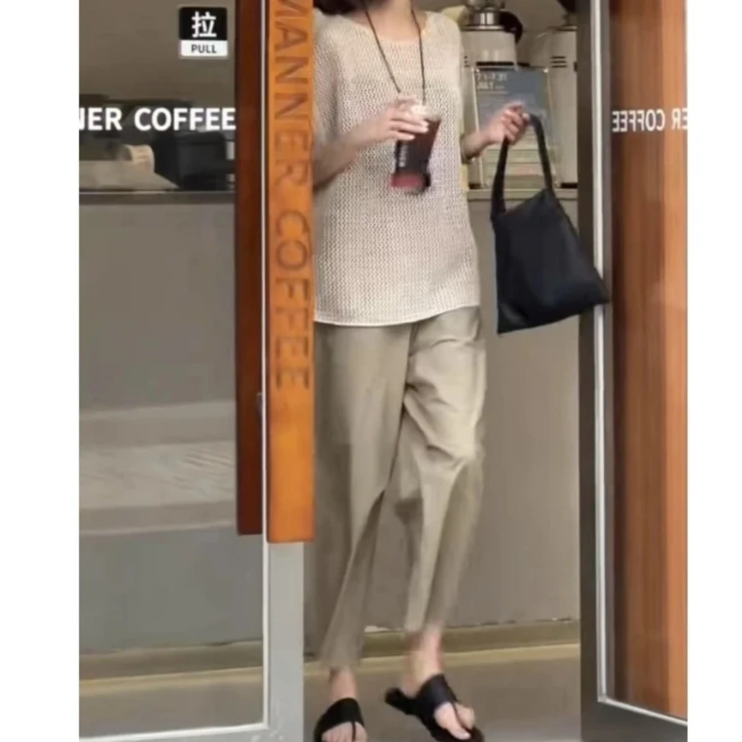 夏季时尚镂空无袖上衣搭配高腰阔腿休闲裤显瘦女装