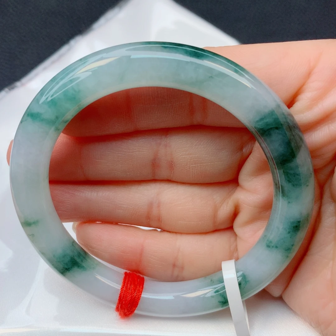 翡翠未镶嵌手镯52-53糯冰飘花圆条