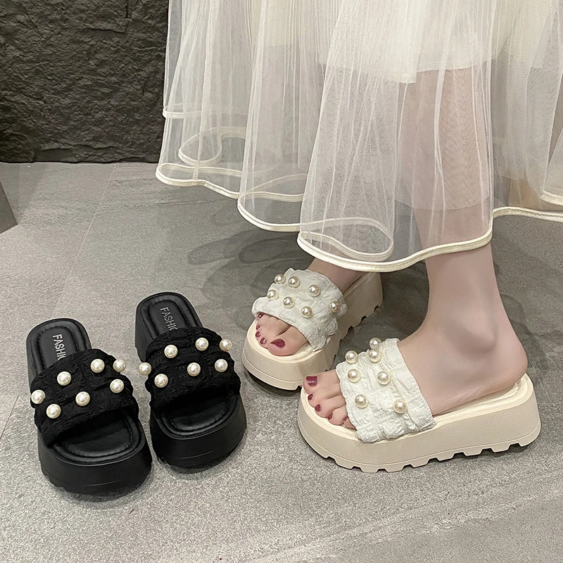 暮秋秋厚底增高小个子拖鞋女款2025夏季新款配裙子珍珠法式凉拖鞋