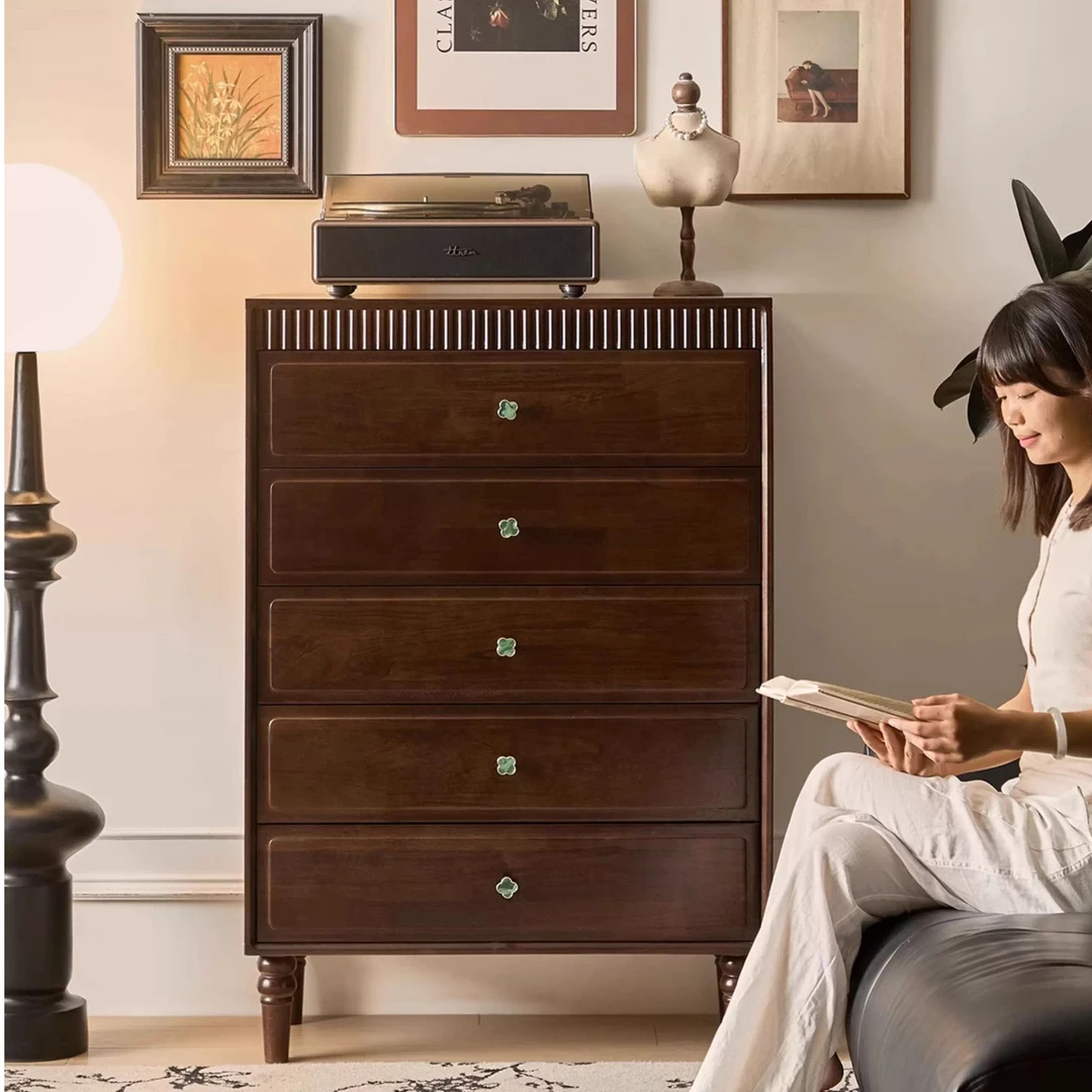 实木斗柜五斗柜胡桃色客厅大容量收纳柜法式抽屉柜卧室柜