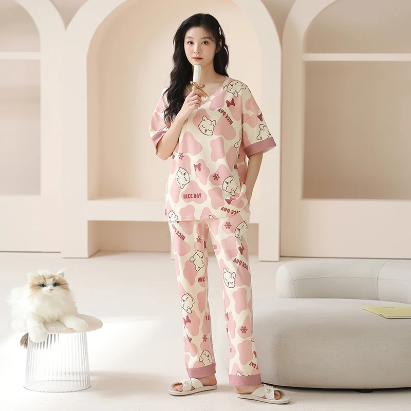 qm夏季女款薄款夏季短袖长裤睡衣圆领舒适居家家居服42008
