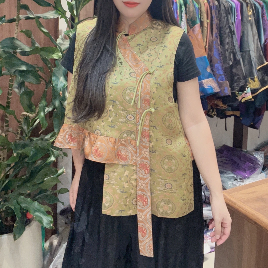 设计师100桑蚕丝真丝宋锦马甲时尚立领盘扣中式复古中国风上衣