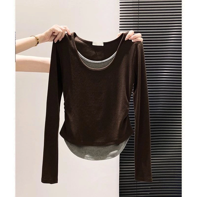 大码德绒设计感假两件长袖t恤女秋冬季新款胖mm修身显瘦遮肉上衣