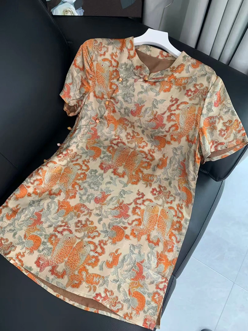 九月  双鱼起舞-奥黛   新中式提花百搭宽松人丝香云纱带袖连衣裙