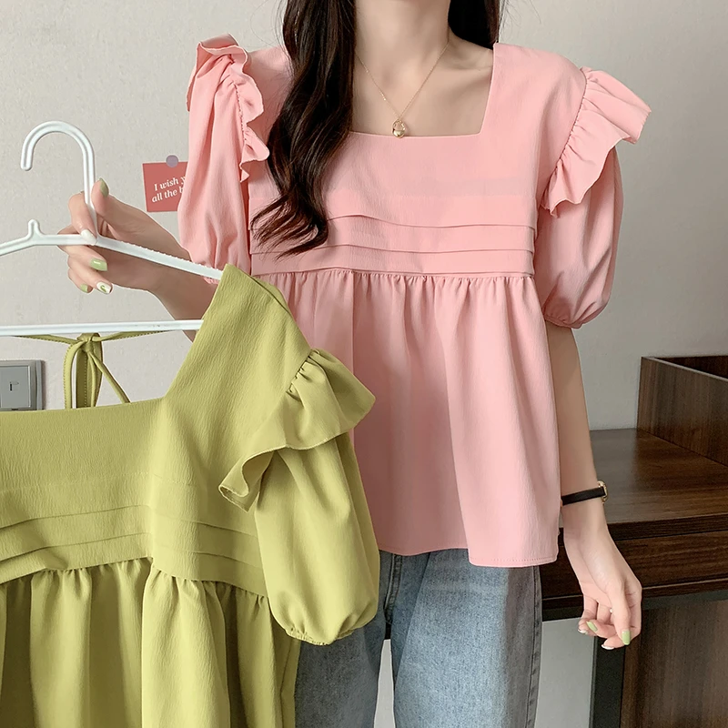 88大码法式荷叶边短袖女2025夏季胖MM洋气减龄遮肉显瘦衬衫