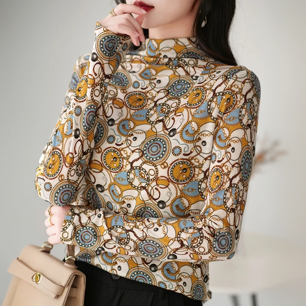 纯羊毛薄款毛衣女套头洋气印花打底针织衫高领保暖羊毛衫气质显示