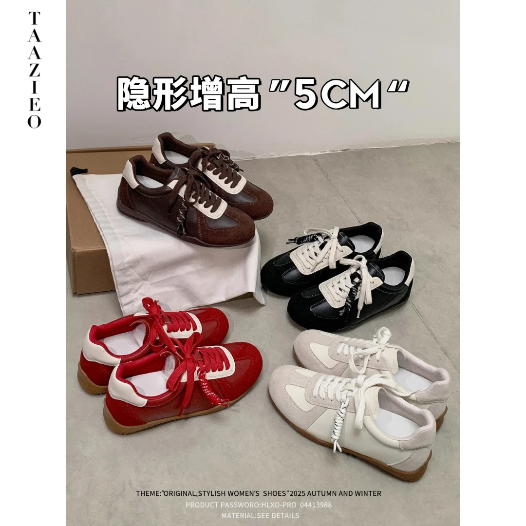 TAAZIEO羊皮~复古内增高德训鞋女新运动休闲板鞋百搭系带阿甘鞋女