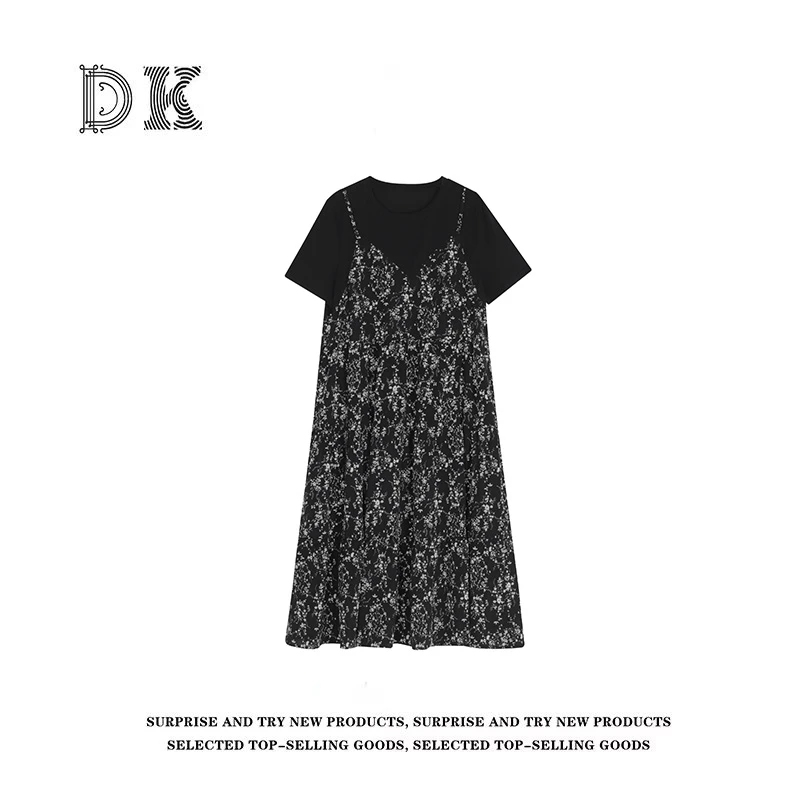 DK 2025夏季 女装设计感拼接假两件圆领宽松碎花连衣裙 99295