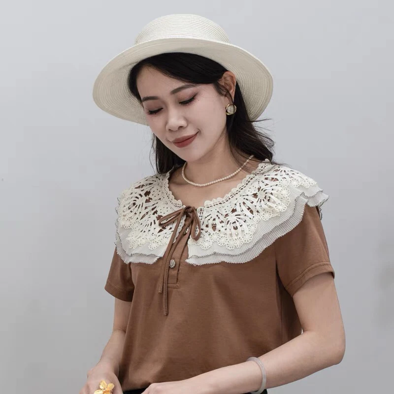 短袖t恤女欧洲站夏季2025年新款设计感蕾丝领娃娃领减龄半袖上衣