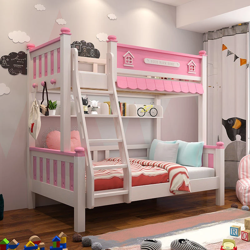 2025新款实木上下床儿童床公主床高低床双层床上下铺储物床带滑梯