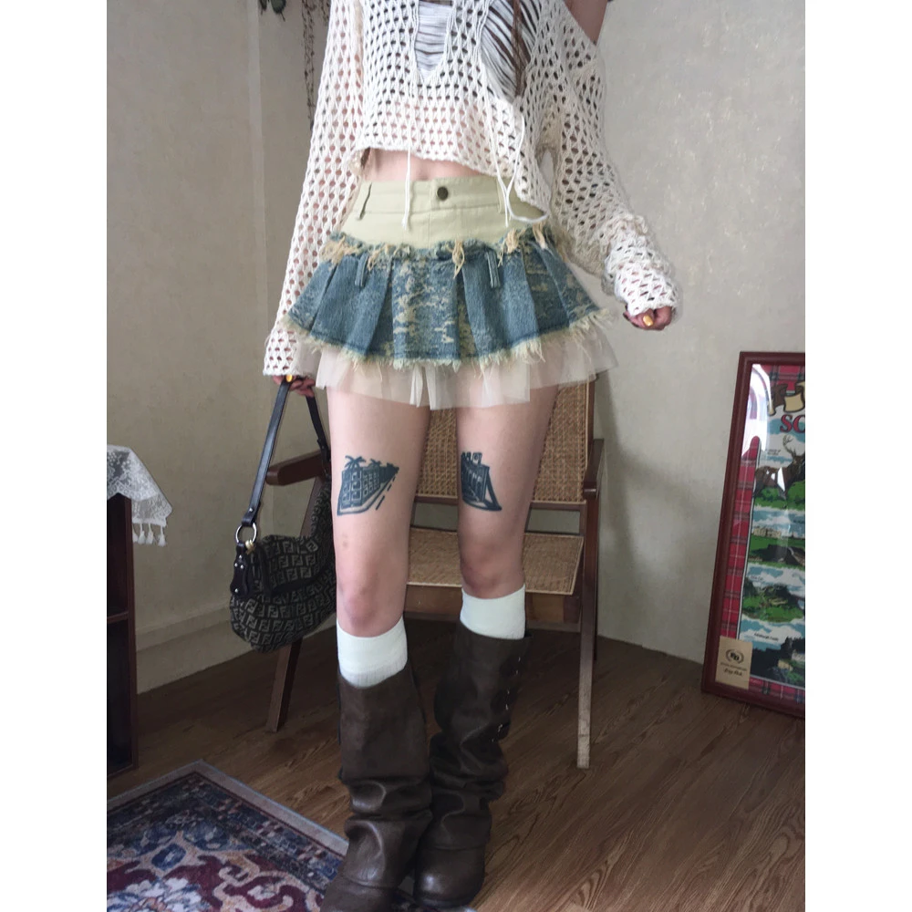 ｛黄油椰卷卷｝蕾丝网纱拼接牛仔半裙女设计感辣妹重工小众韩系