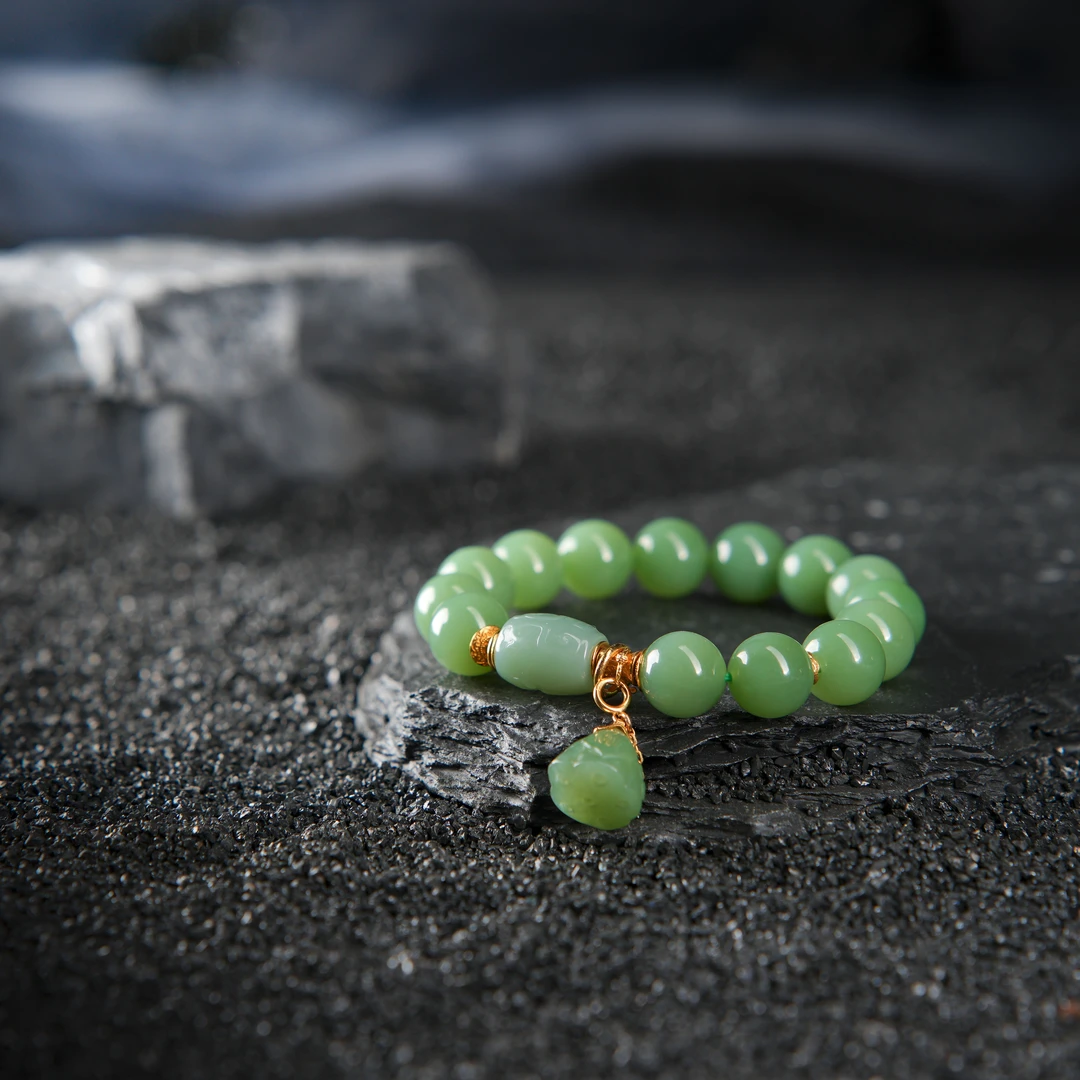 『博姐』·雨荷丨和田玉粉绿18K金传世级手串约12mm*S6929国风气质款