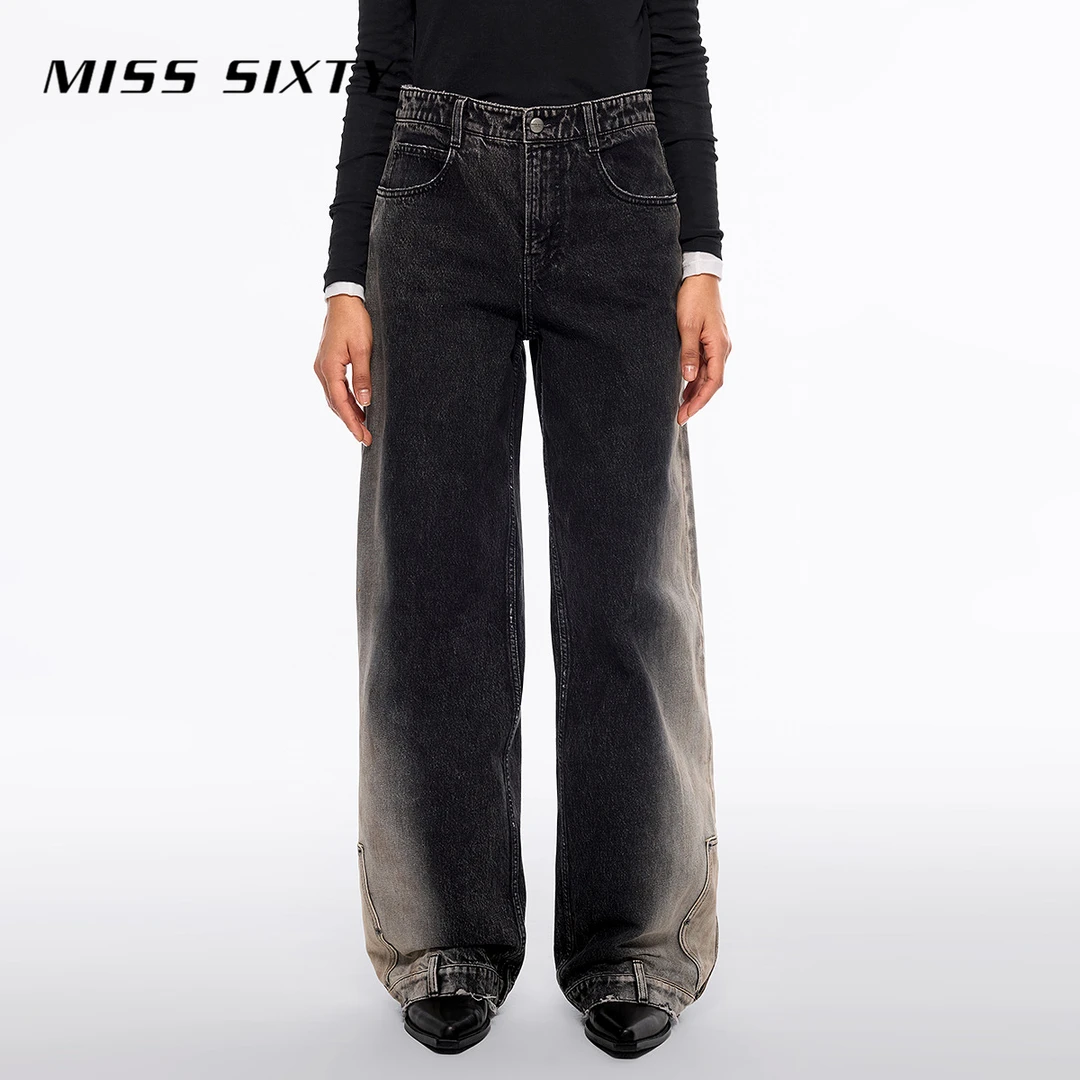 杨幂同款Miss Sixty新款牛仔裤女低腰阔腿复古渐变色解构