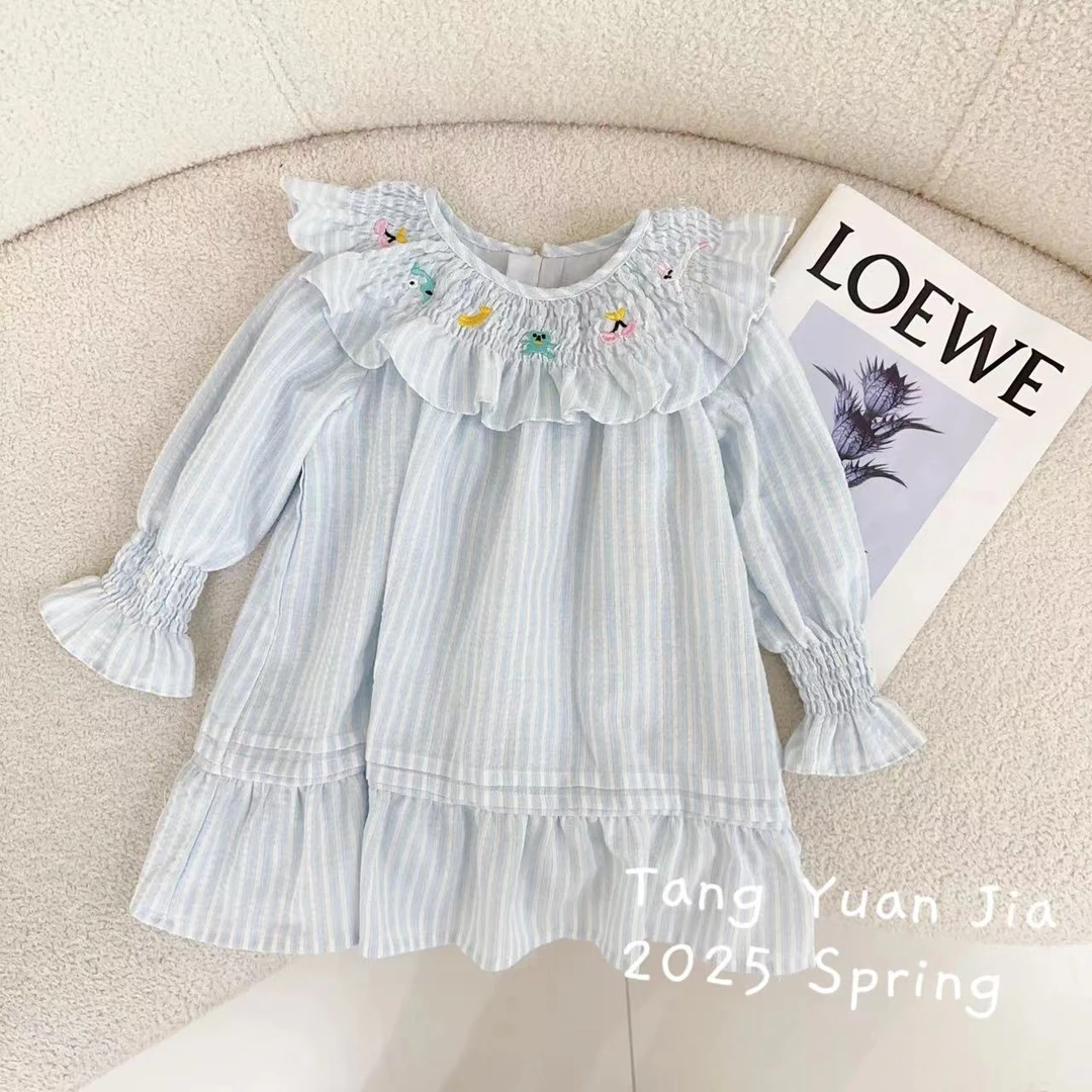 汤圆家童装2025春季新款韩系荷叶边卡通刺绣气质连衣裙 YA-1156