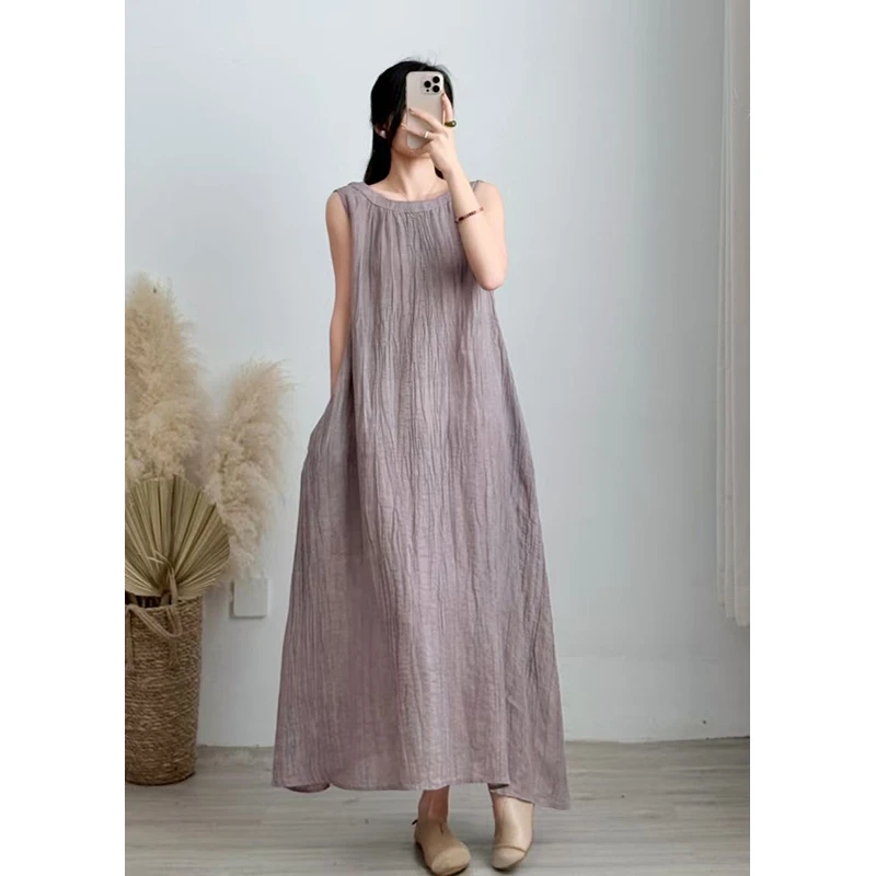 2025新款大码显瘦纯色百搭内里包边皱麻炒色背心连衣裙