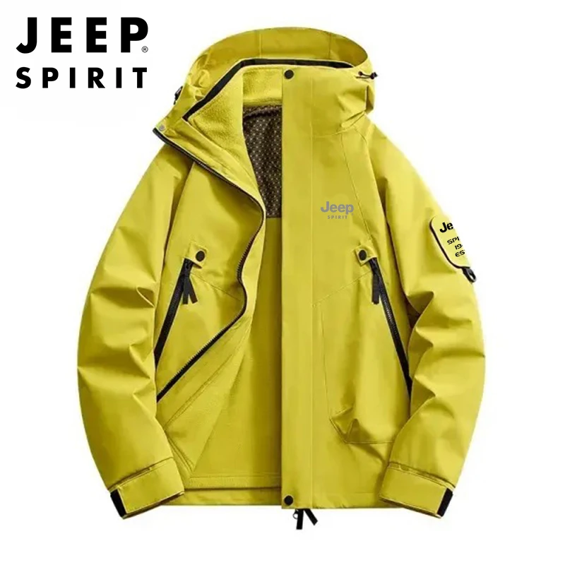 JEEPSPIRIT三合一外套男女运动户外防水防风情侣连帽拆卸登山服F