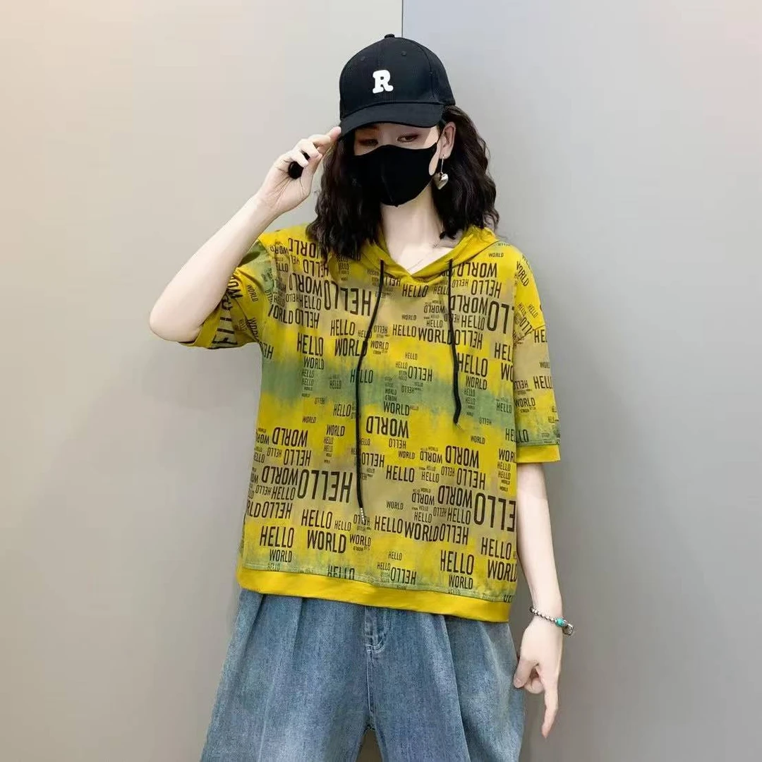 通勤印花常规款连帽休闲风T恤减龄夏装韩版花色百搭大码显瘦洋气