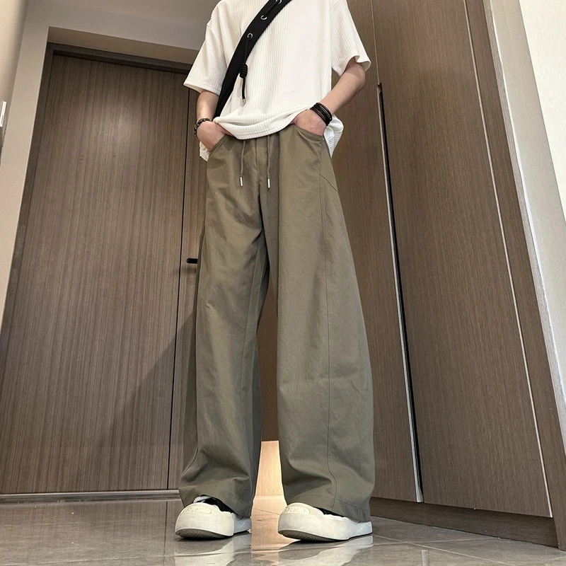 军绿色美式斜切休闲裤子男款春夏季cleanfit弯刀裤宽松直筒阔腿裤