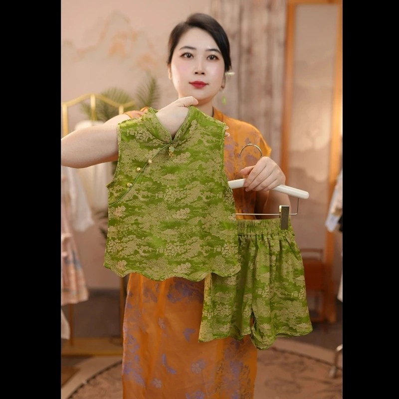 S绿萝套装#夏季汉元素无袖儿童背心观赛搭子套女童夏款古风套装