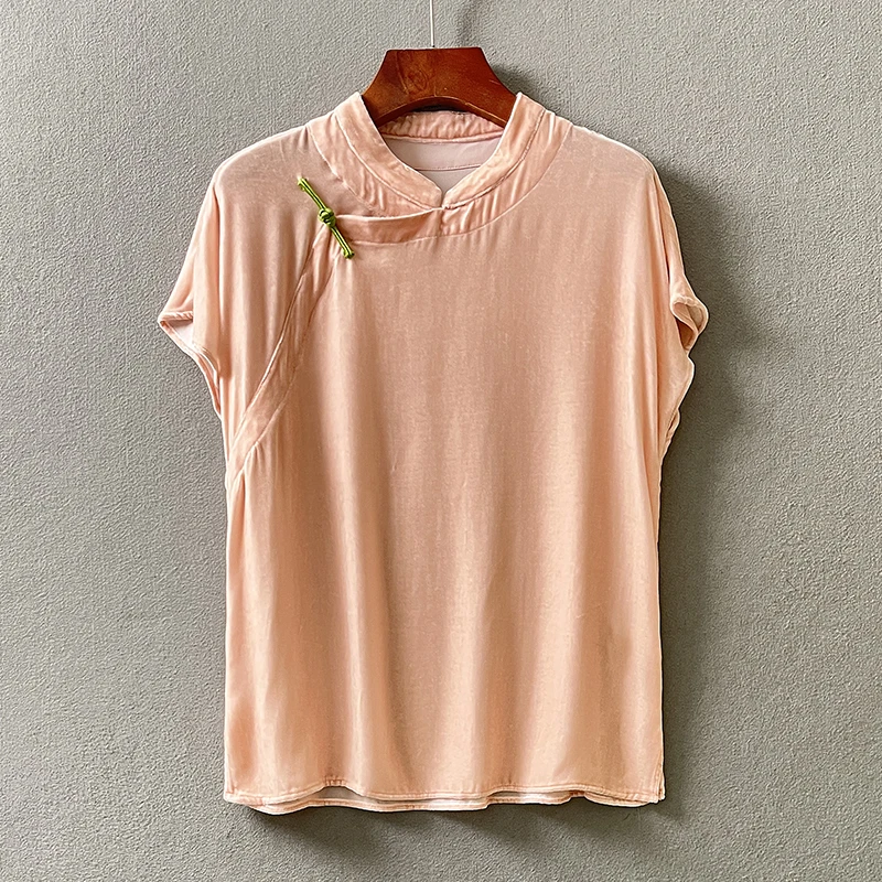 高密真丝丝绒中国风盘扣常规新中式极简风T恤显瘦简约立领上衣