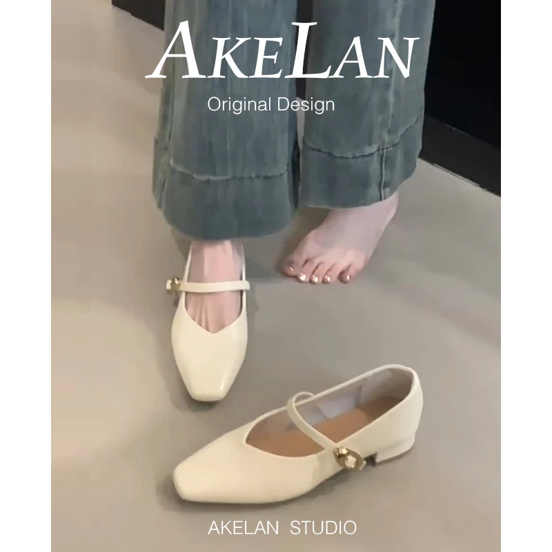 羊皮版~法式白色一字带方头浅口单鞋2025新款气质粗跟玛丽珍女鞋L