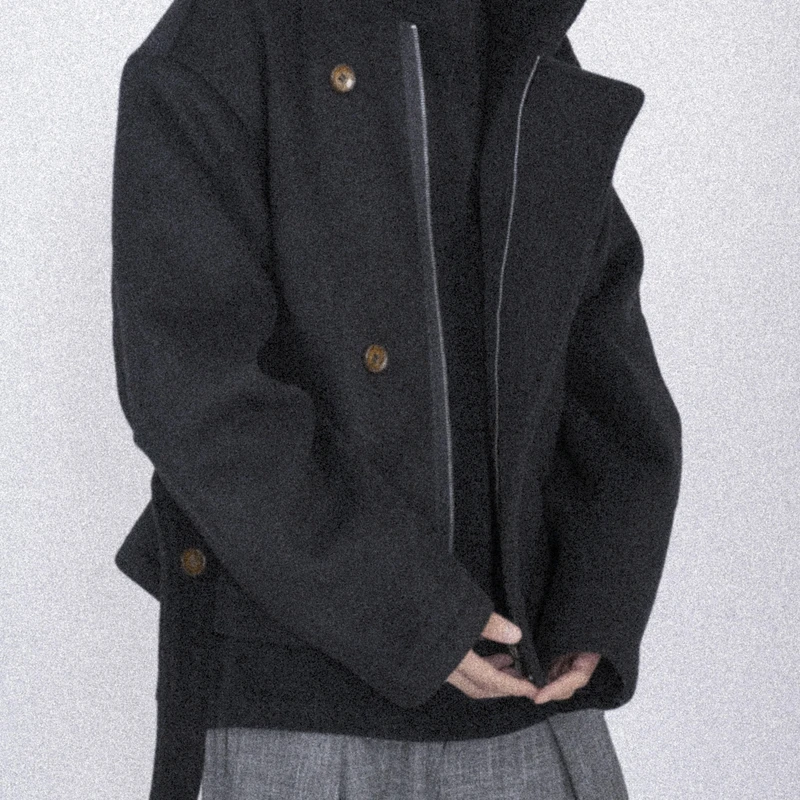 NOT UGLY 24AW 流金纽扣斜门襟70羊毛乌鸦系带毛呢短款大衣外套