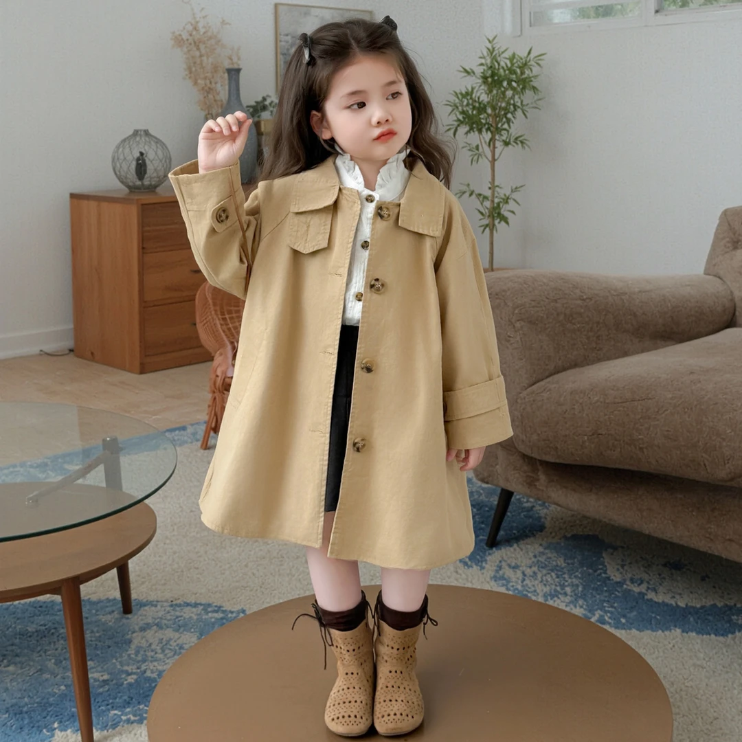 女童秋季单排扣翻领纯色中长款风衣2025新款中小童秋冬韩版外套潮