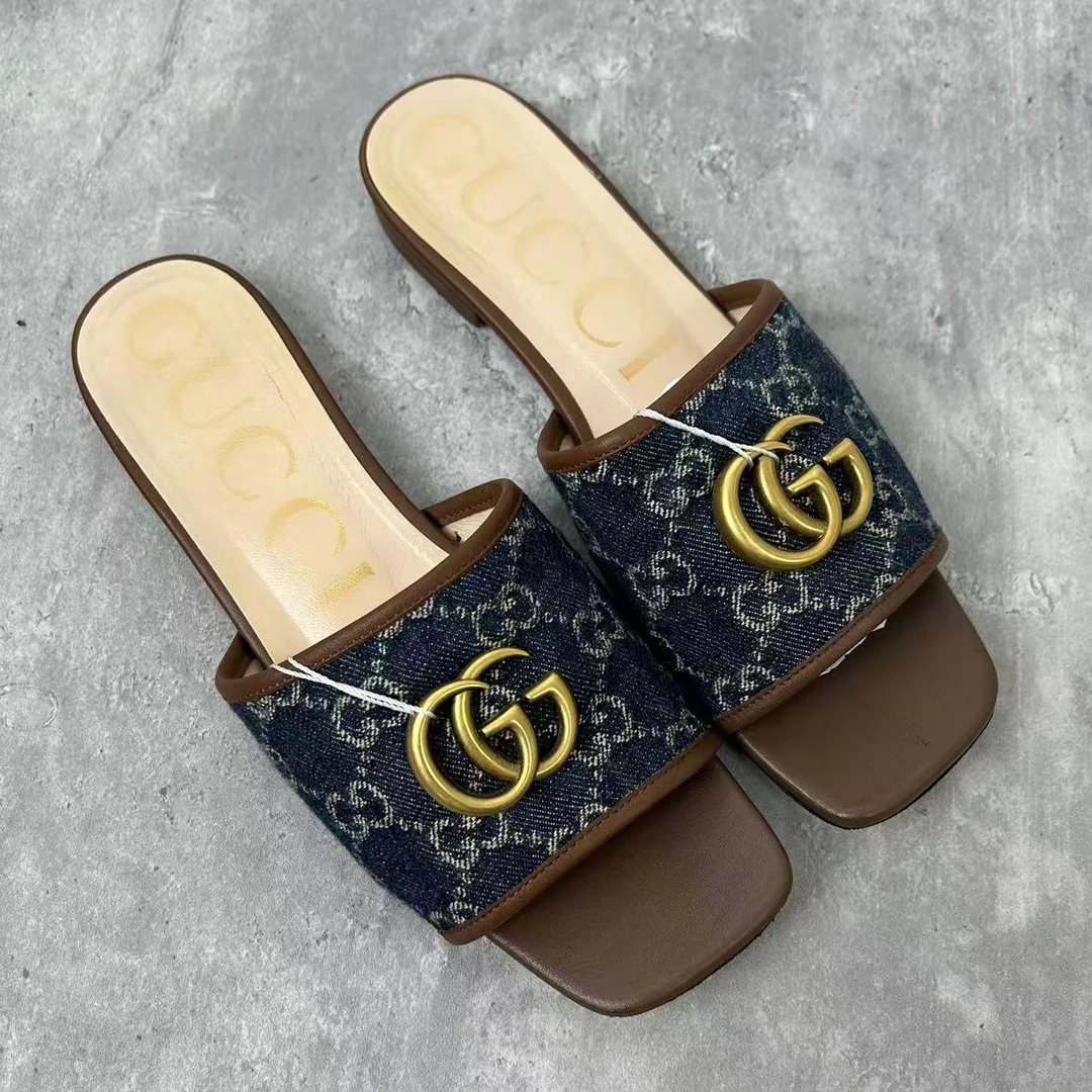 95新 GUCCI/古驰 37码/仔仔女鞋/蓝牛仔双G时尚平底拖鞋 wsp506