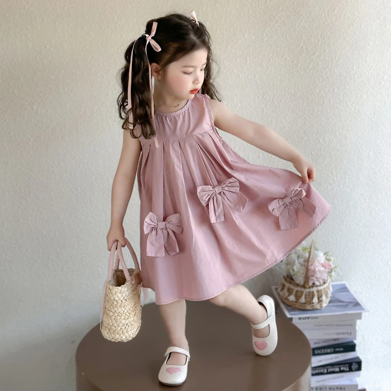 【陈思晨】女童无袖连衣裙2025新款儿童时尚洋气裙宝宝蝴蝶结夏季裙