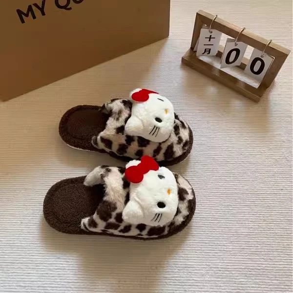 哈喽kitty拖鞋豹纹毛绒室内加绒加厚冬季防滑保暖软底棉拖鞋可爱