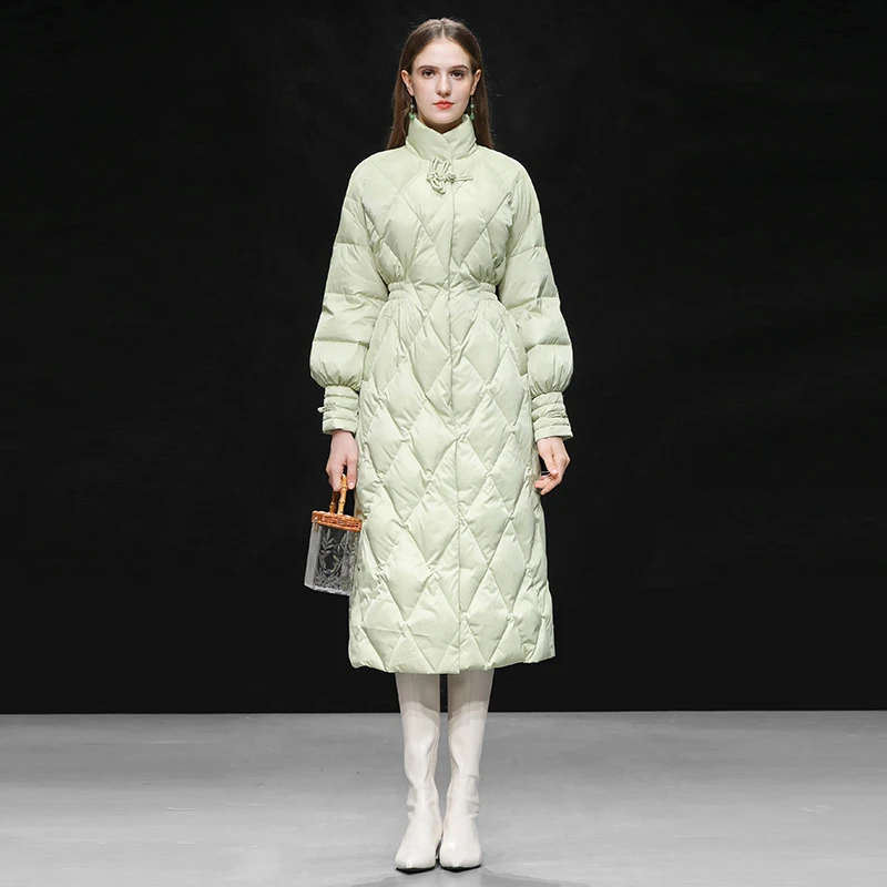 DF-冬新中式国风提花立领灯笼袖收腰长款过膝A摆羽绒服QC34984