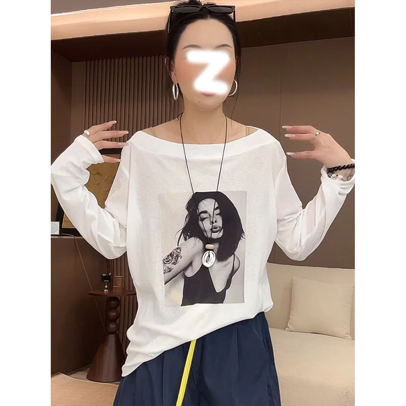 时尚高级感印花一字领长袖T恤女夏季2025新款小个子减龄百搭上衣