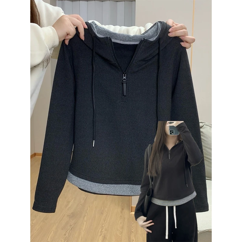 大码胖mm200斤原宿风潮流拼色连帽卫衣女秋冬季百搭宽松正肩上衣