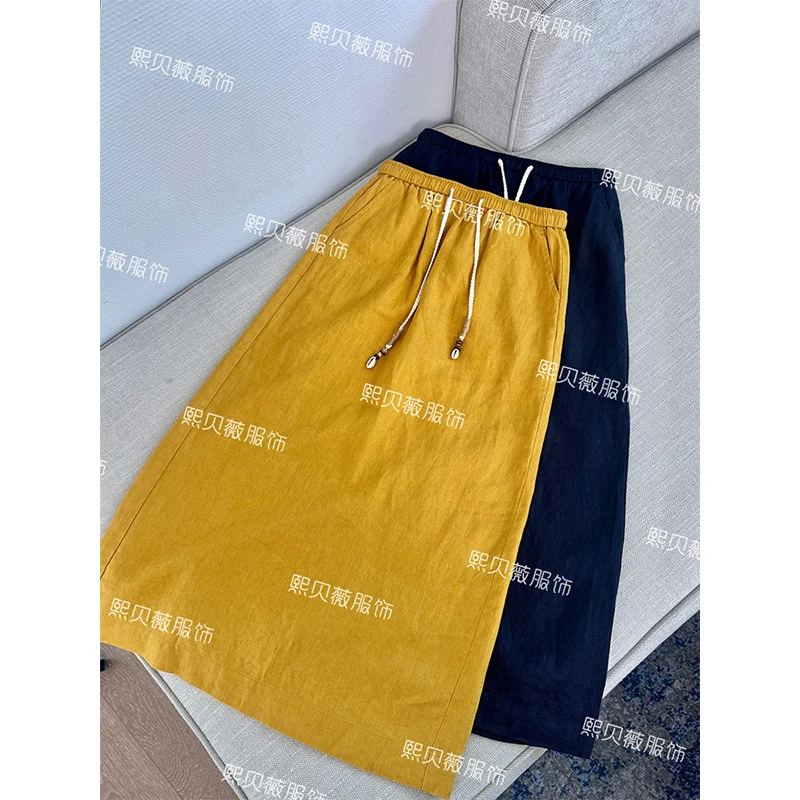 熙贝薇6 欧货100亚麻慵懒感夏季长裙背后开叉直筒半身裙 G7963