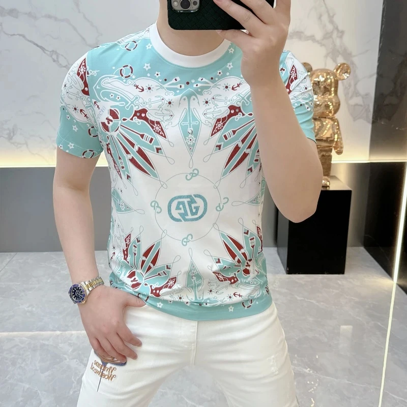 2025夏季新款欧货潮牌印花徽章帅气圆领短袖修身半袖休闲T恤男潮