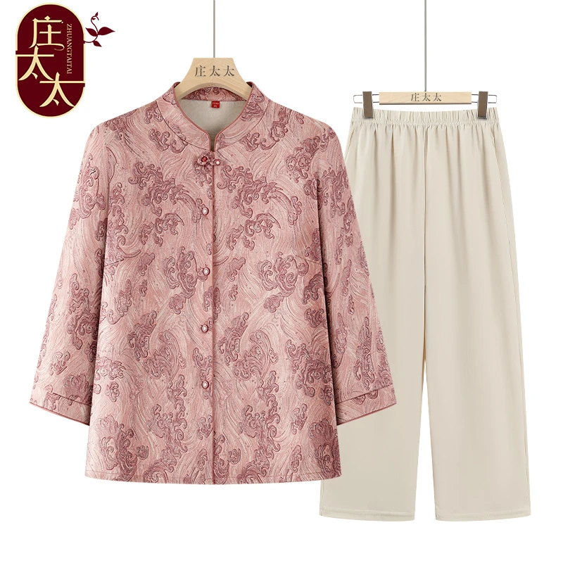 老年人夏装衬衫女奶奶上衣七分袖妈妈洋气小衫60岁70老人衣服宽松