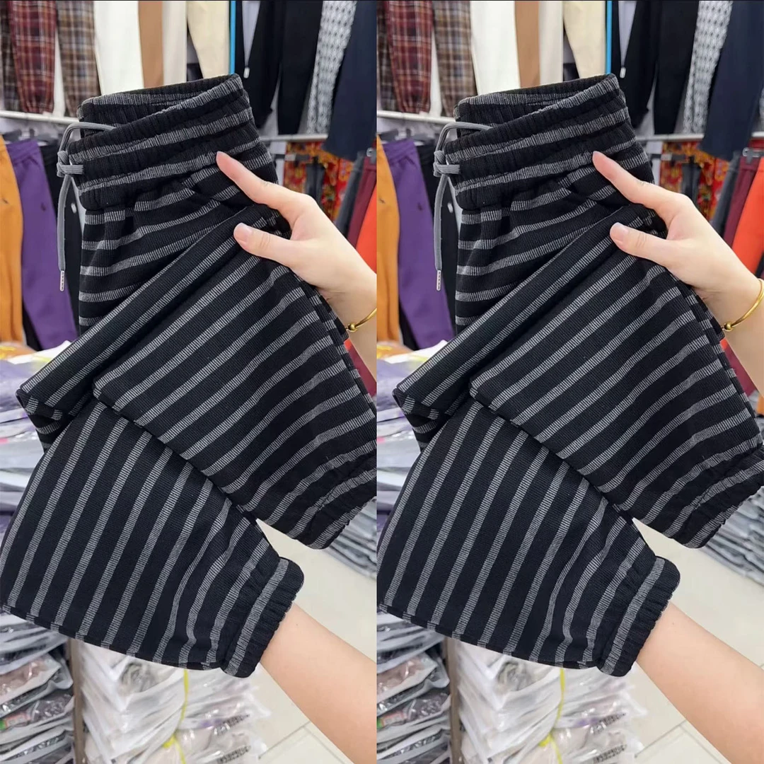 冬季新款条纹束脚裤高腰宽松显瘦休闲裤加绒保暖哈伦裤百搭阔腿裤