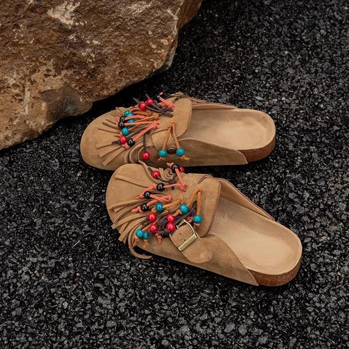 牛皮版~小众流苏软底勃肯鞋女软木鞋包头半拖鞋复古新款百搭