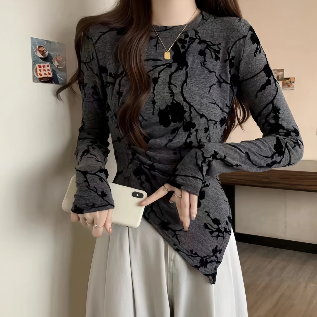 2025秋季碎花设计感小众修身百搭显瘦打㡳衫时尚长袖t恤女上衣潮