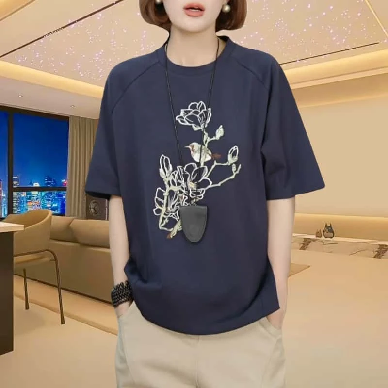 夏季宽松圆领重工刺绣短袖女T恤2025新款时尚洋气休闲百搭上衣