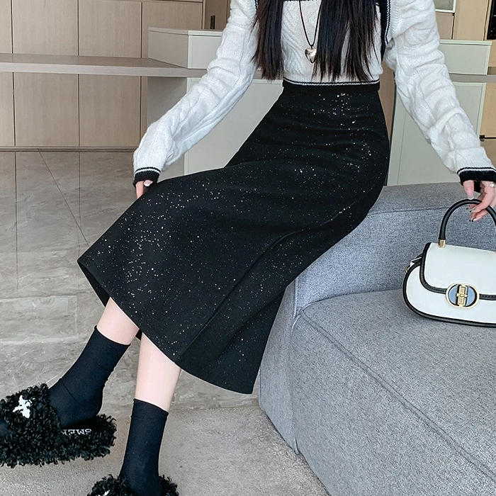 2025冬季小香风重工闪闪亮片毛呢中长裙女高腰显瘦后开叉半身裙子
