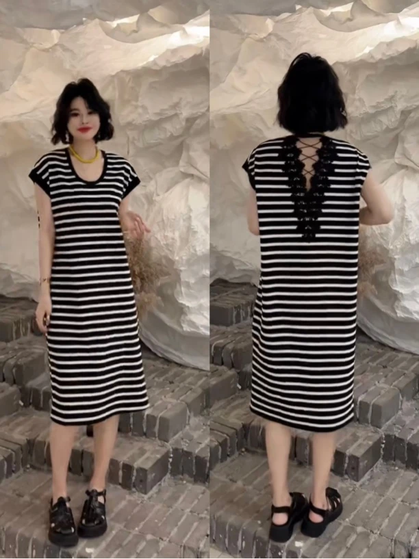 DD-（不对条）长款U领后颈蕾丝条纹懒人裙（发货2-3）