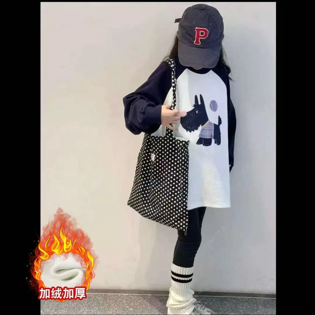【亲子装】韩版加绒女童洋气休闲卡通小狗印花儿童拼色卫衣裙套装