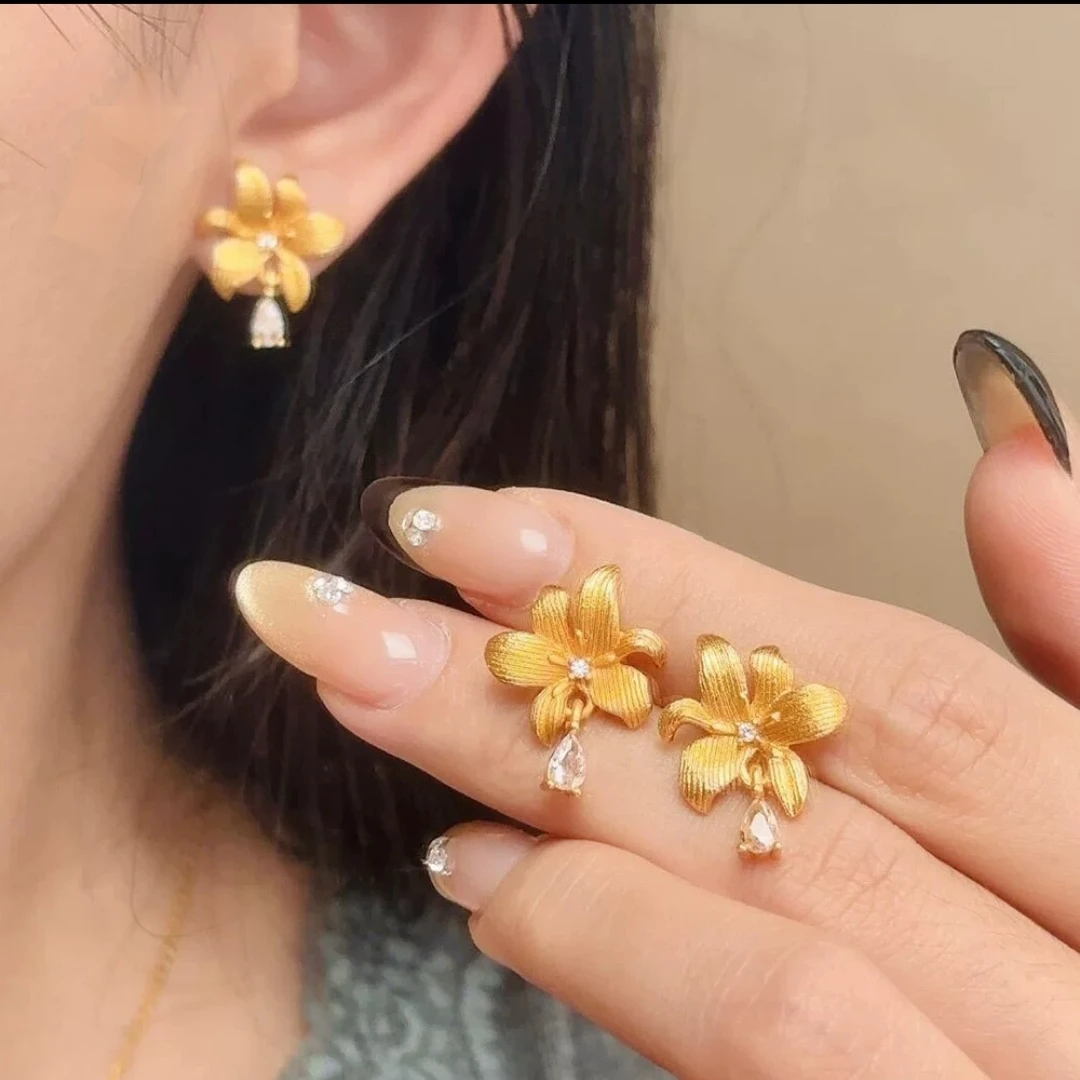 铜合金耳饰 拉丝百合立体耳钉国风时尚