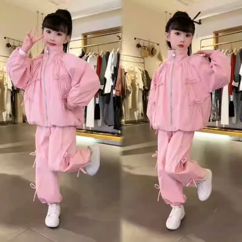 甜美蝴蝶结冲锋衣套装女童春秋新款洋气网红设计感运动休闲两件套