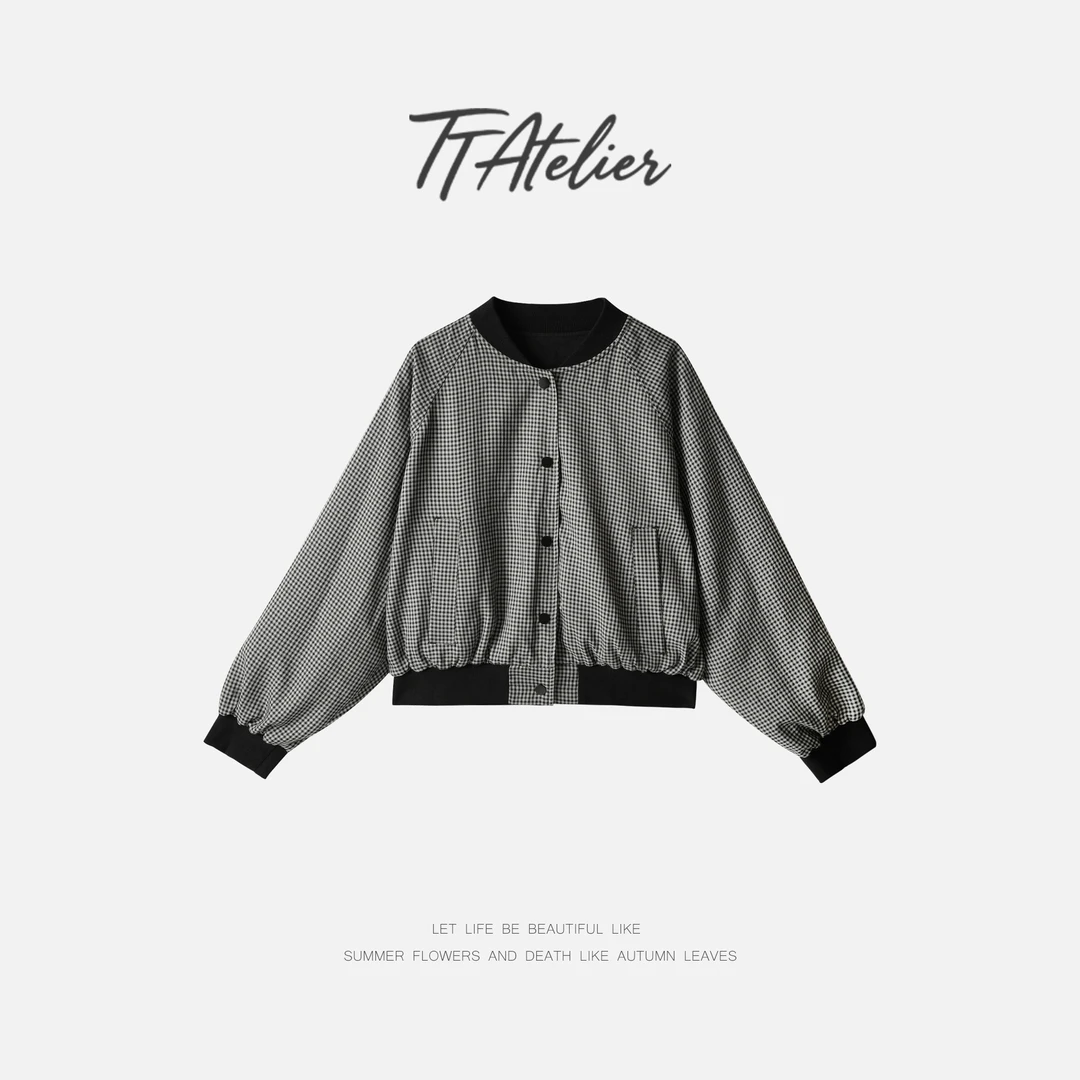 TT设计师【格趣】日系高级感经典格纹袖口螺纹纯棉外套TT190758